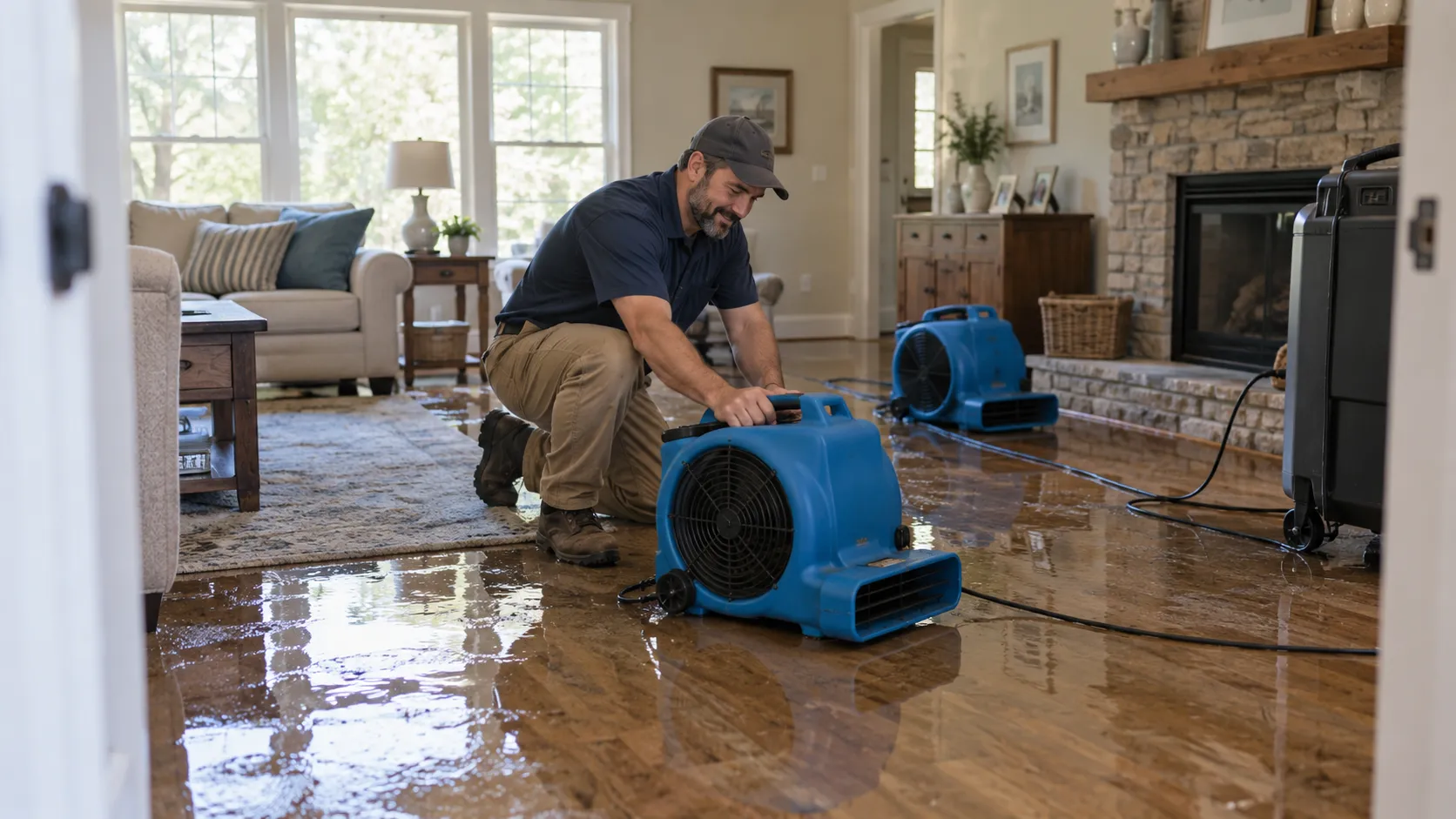 Water damage restoration technician drying a flooded living room in Dayton